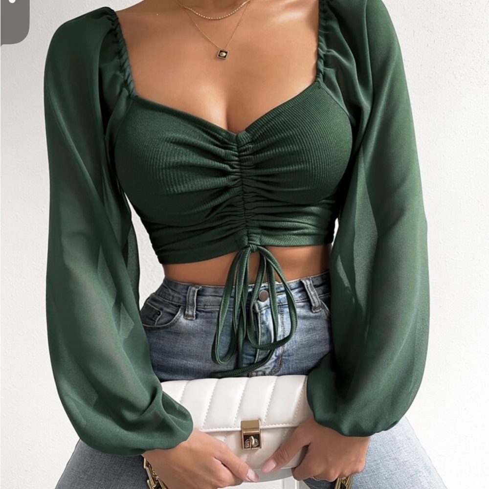 SHEIN Green Long Sleeve Tie Front Crop Blouse